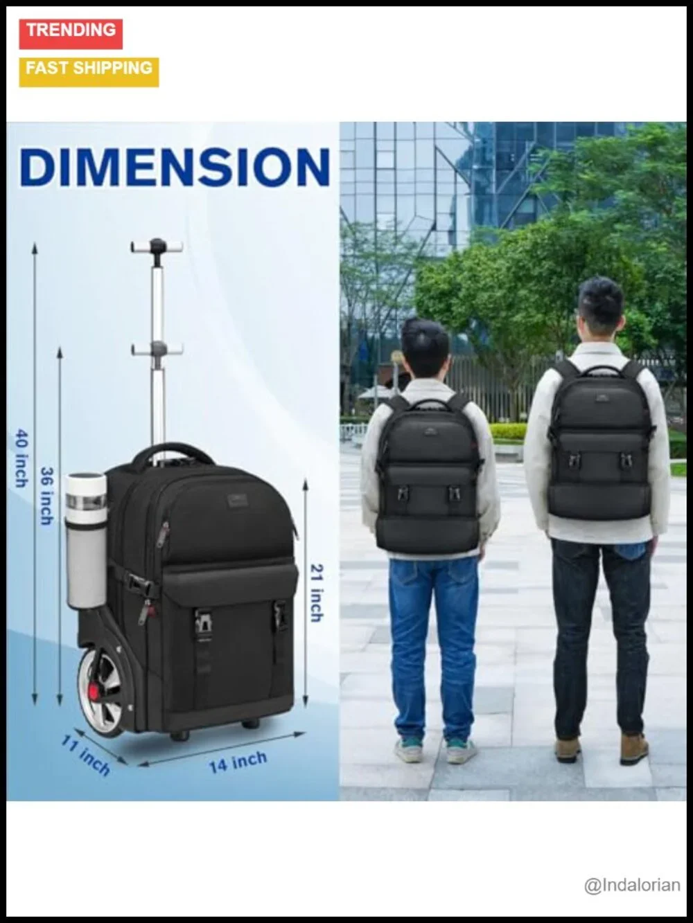 Rolling Backpack with Wheels, Large Travel Laptop Backpack, Anti-Theft Lock